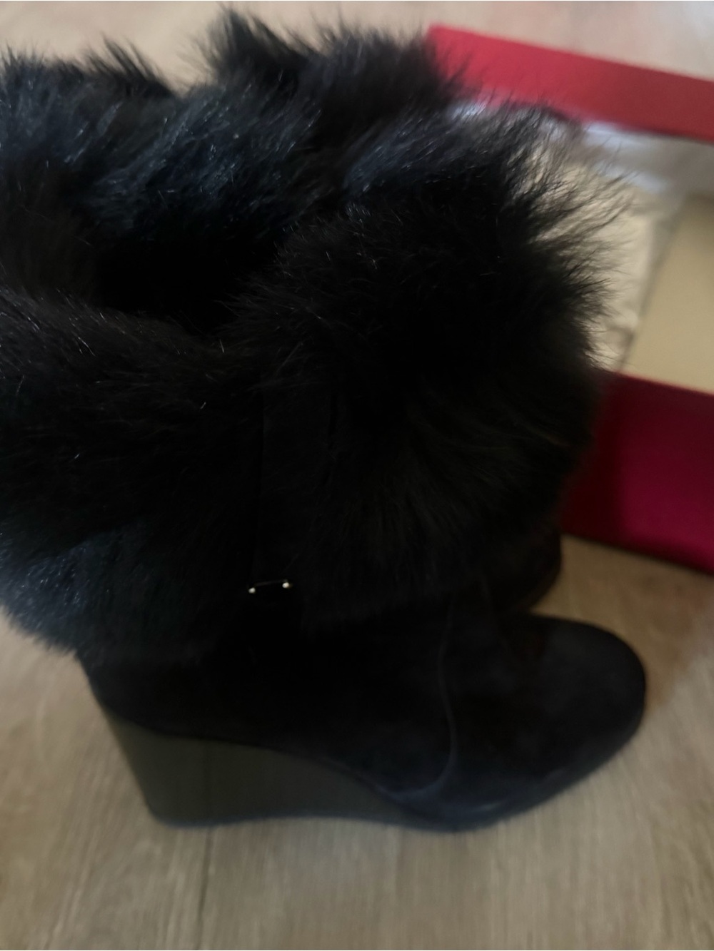 Salvatore Ferragamo Black Faux Fur Wedge Ankle Boots